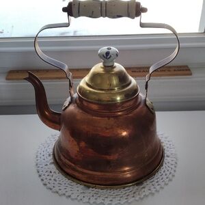 Vintage Copper Tea Kettle with Brass Accents